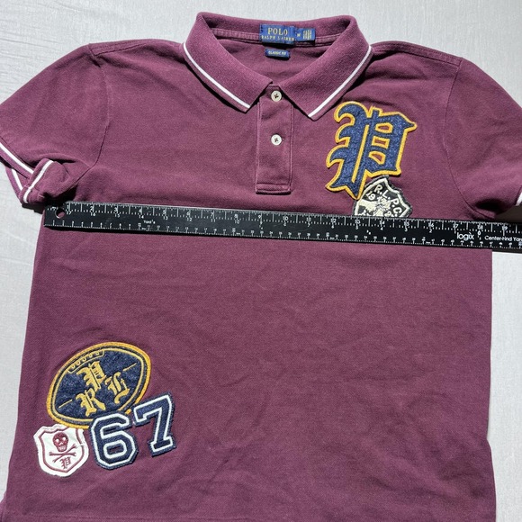 Polo Ralph Lauren Polo Shirt Womens Medium Burgundy Classic Fit Patches Shirt‎ - Picture 7 of 11